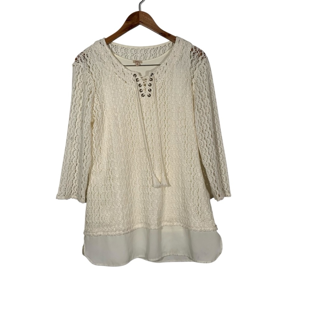 Reba Cream Open Knit Crochet Overlay Top Front Lace Up Neckline Size Medium